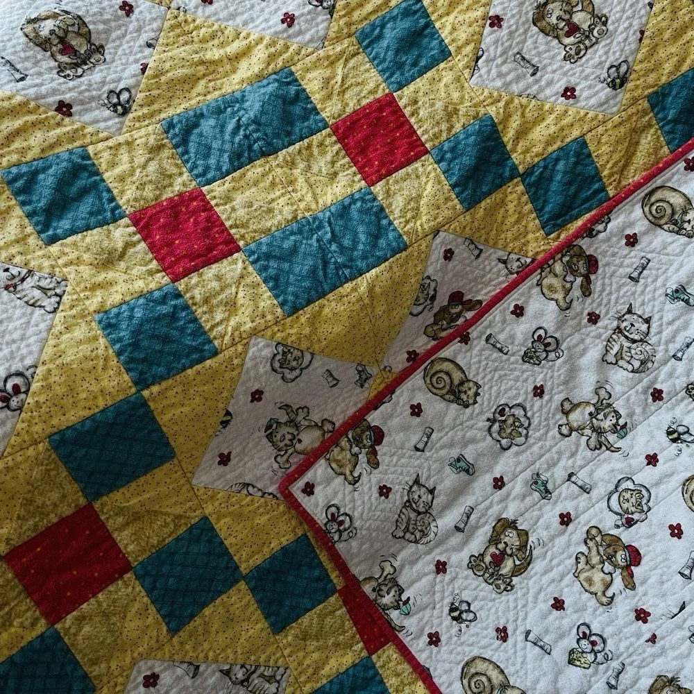 Vintage Flannel Baby Quilt Blanket Handmade Cats Dogs White Yellow Unisex  48x56